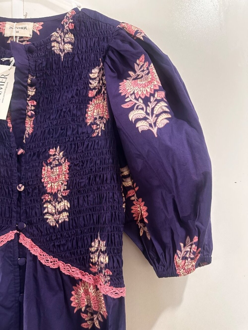 SONMER Peasant Magnolia Maxi Dress Small Womens Purple Ballon Sleeves Smocked - Picture 13 of 16